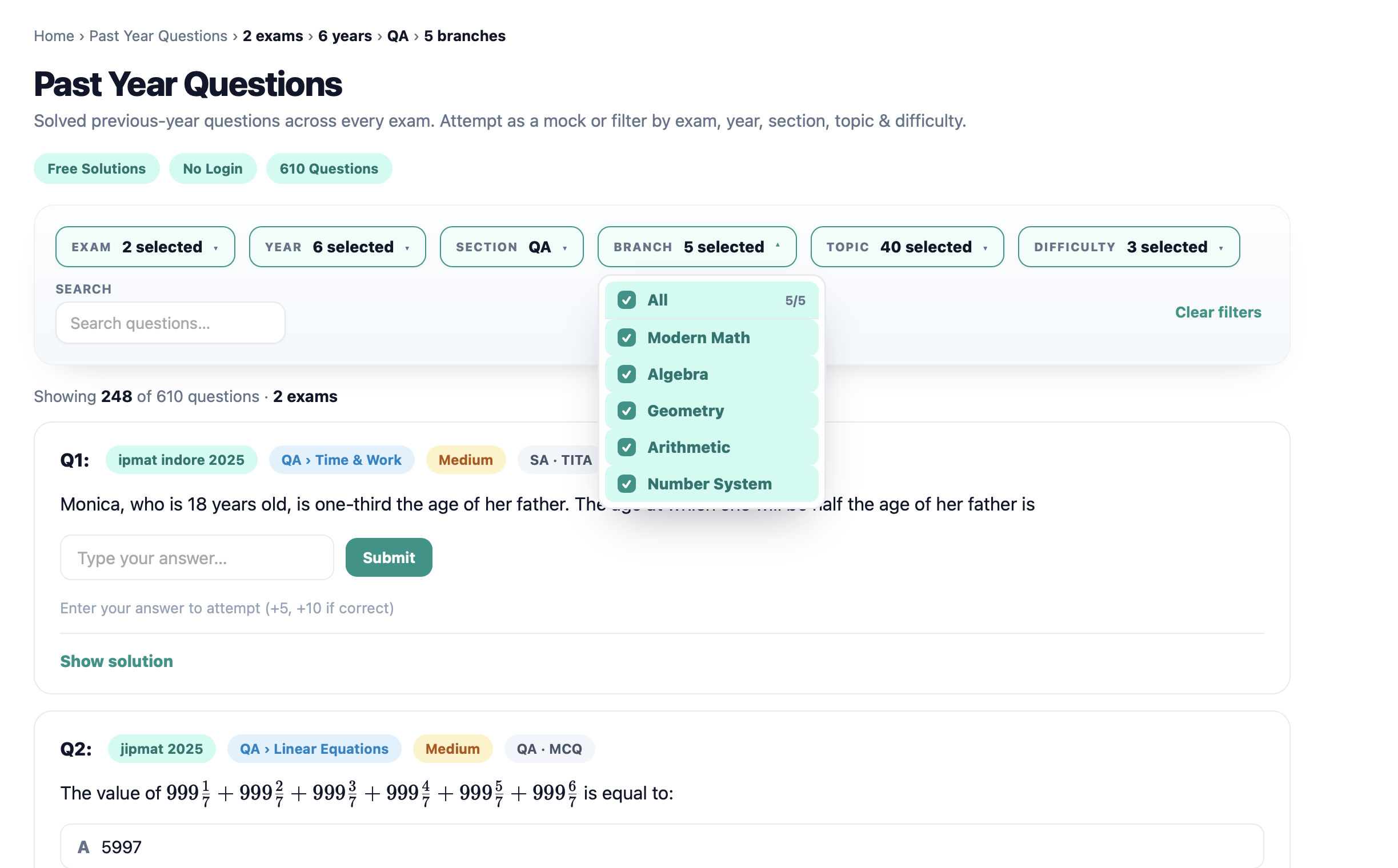 Explore & filter 2,200+ solved PYP questions — screenshot